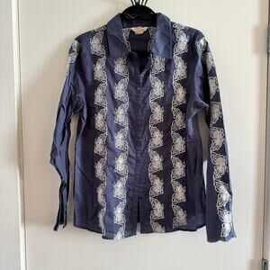 Sundance Embroidered Butterfly Button-Up Shirt Top Blue White Long Sleeve Sz 12